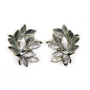 Vintage Laurel Leaf Clip-On Earrings - 1.25" Silver-Tone Mid-Century Statement